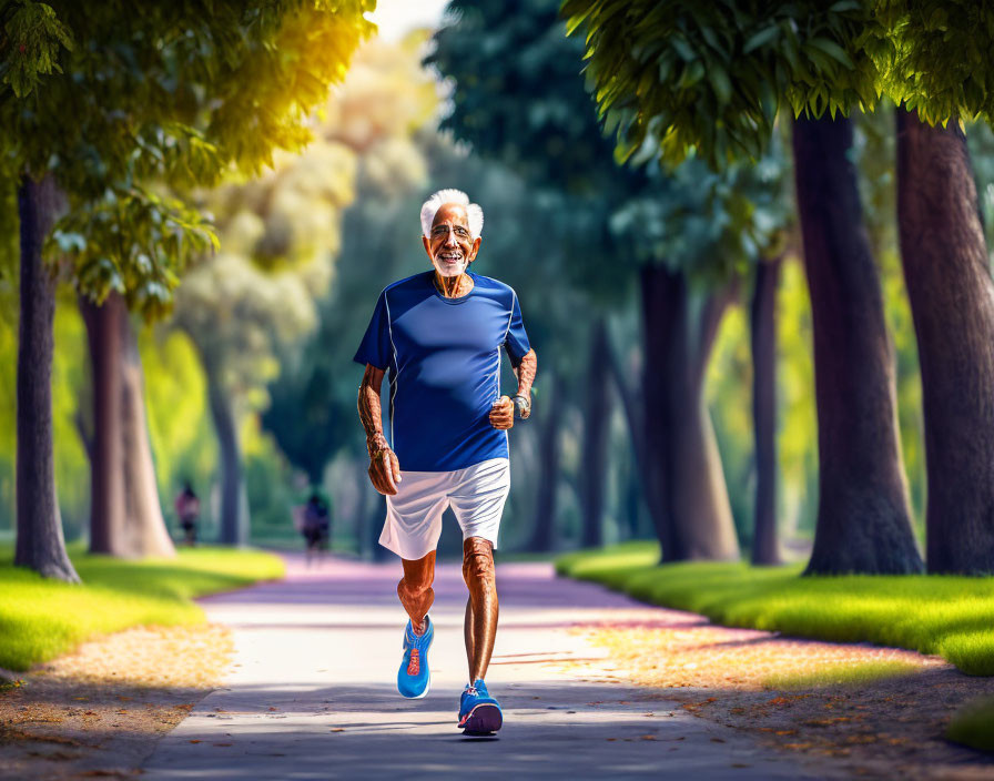 Elderly man jogging in sunlit park with white hair and blue outfit