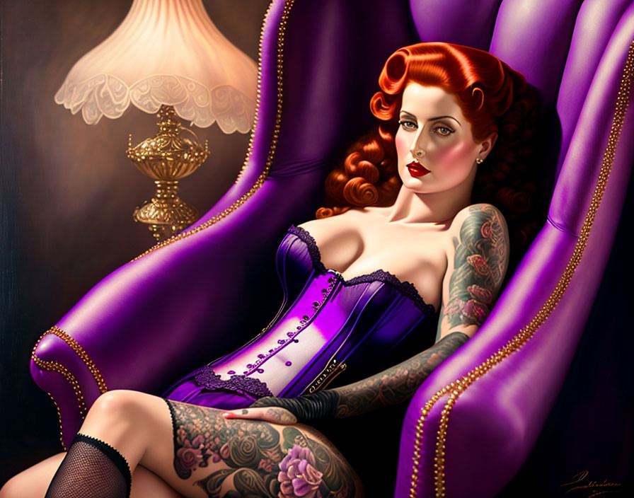 Digital illustration: Woman with red hair in purple corset on purple chair