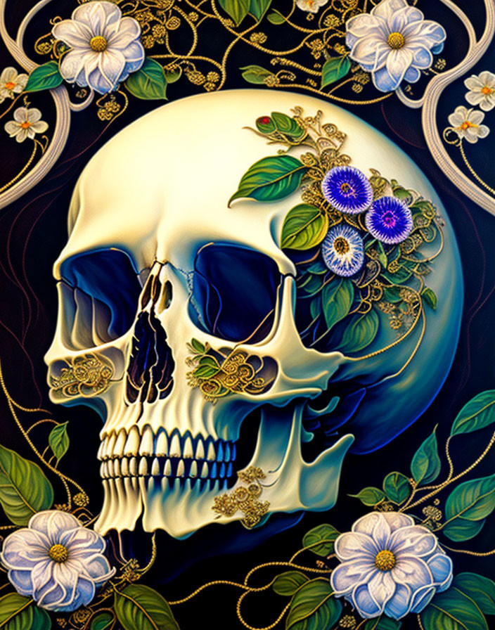 Golden filigree skull surrounded by white and blue flowers on dark background