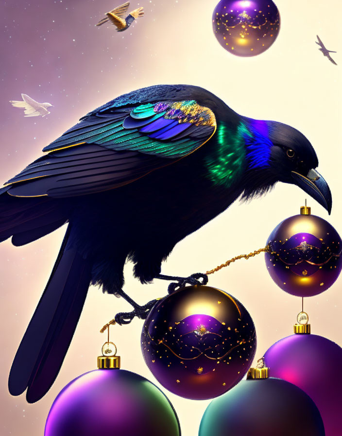 Colorful Christmas ornaments with black raven on starry sky