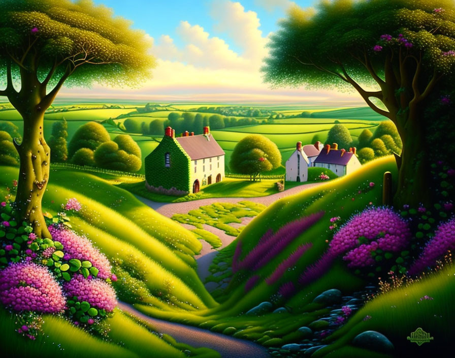 Scenic countryside with green hills, purple flowers, and quaint houses.
