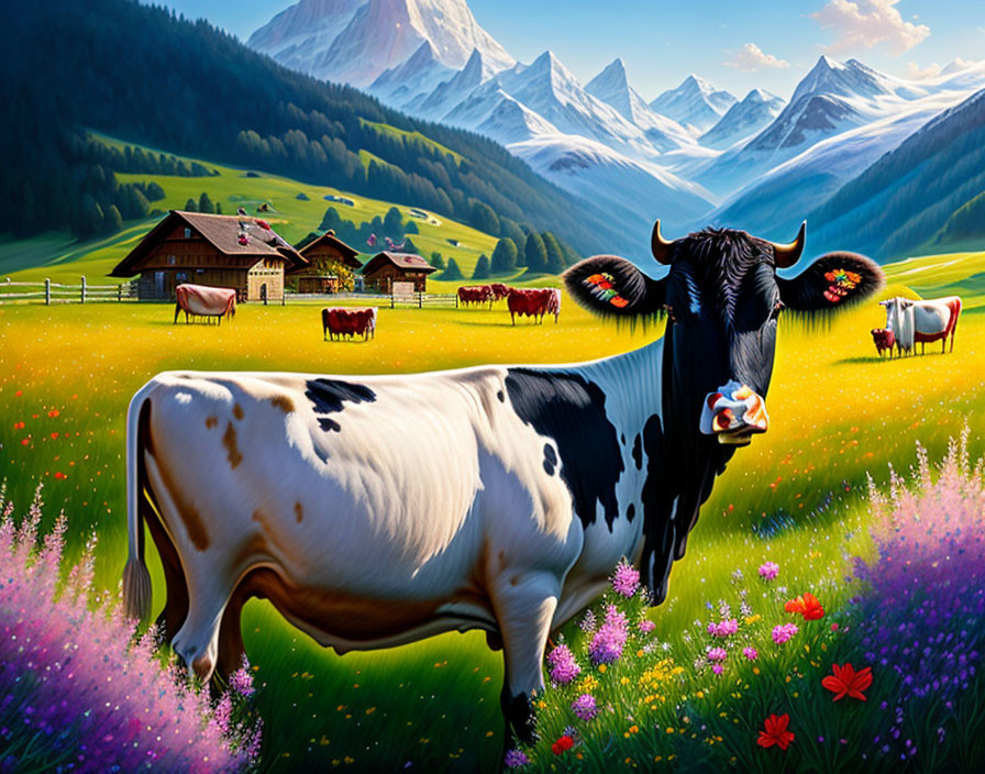 Scenic black and white cow with alpine backdrop