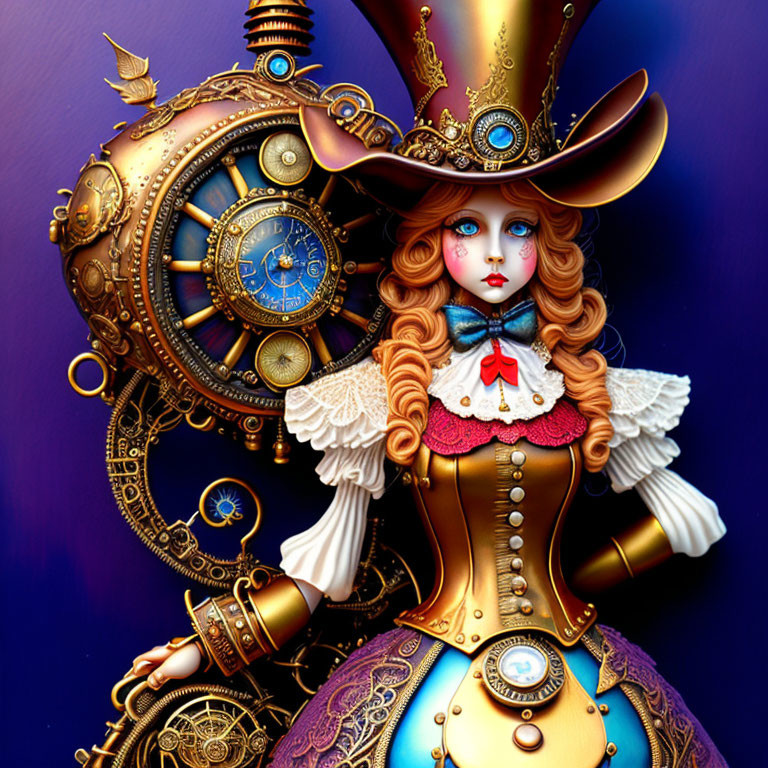 Steampunk-inspired character with clock face, gears, metallic details, Victorian attire