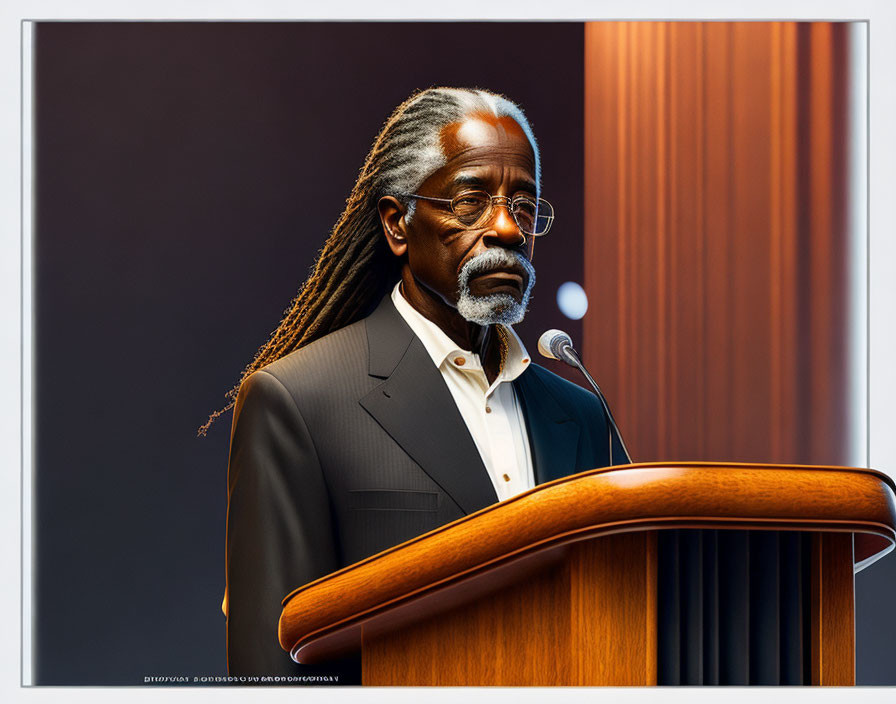 Elder Man with Dreadlocks and Beard in Suit at Podium on Dark Background