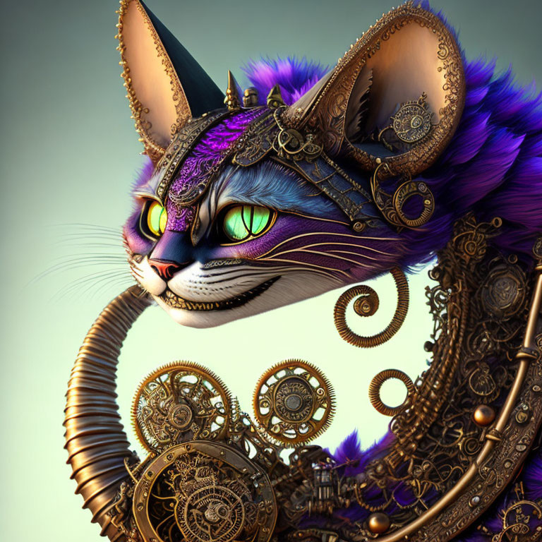 Digital Artwork: Mechanical Cat with Purple Fur and Steampunk Gears