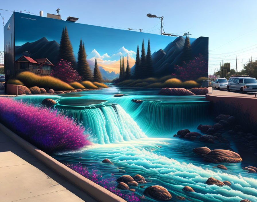 Colorful street art mural of a scenic landscape with waterfall, trees, and mountains