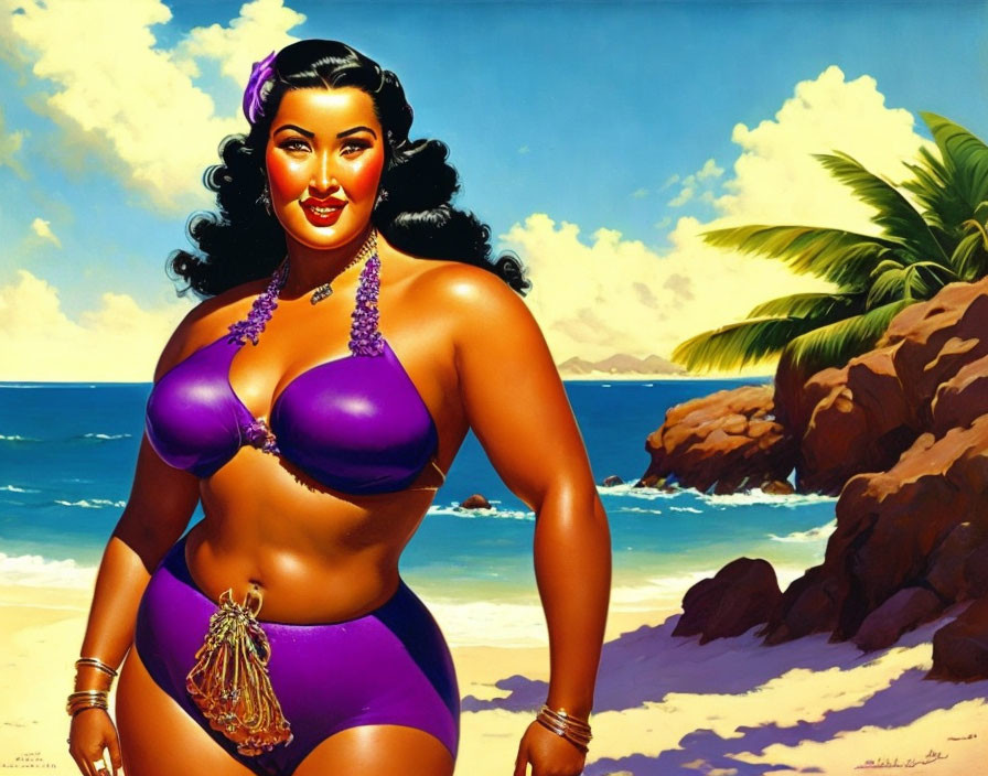 Curvy woman in purple bikini on tropical beach with rocks and blue sky