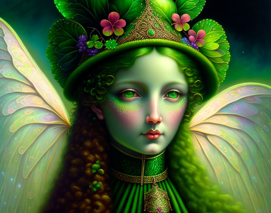 Colorful fantasy illustration of a green-clad fairy with floral wings and serene expression
