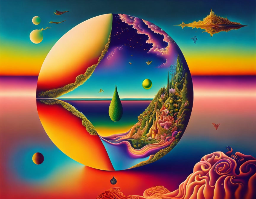 Surreal landscape with circular portal, vibrant colors, floating orbs, abstract elements, gradient sky