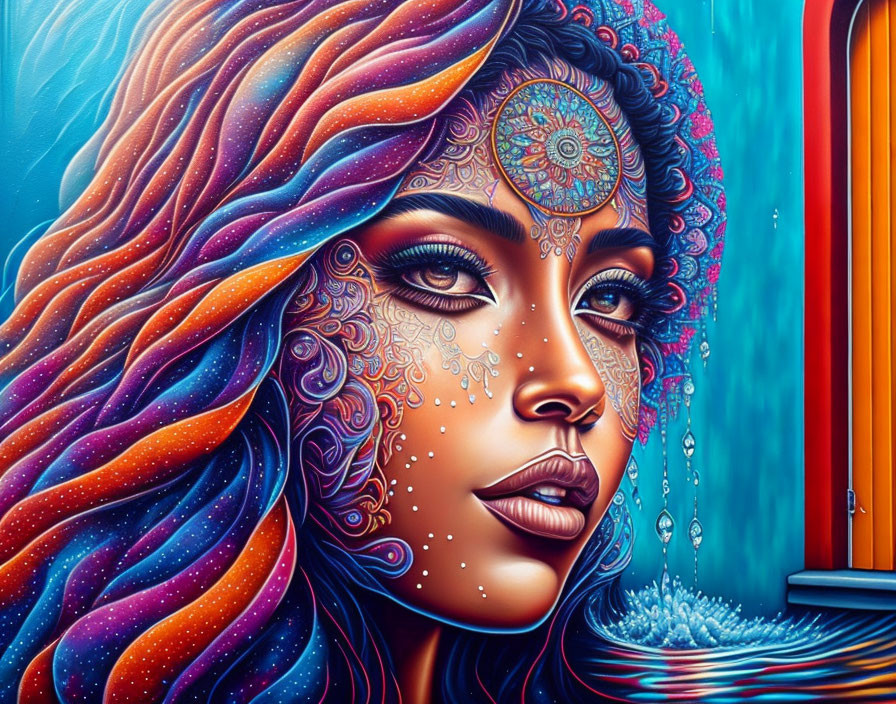 Colorful artwork of woman with cosmic hair and intricate patterns