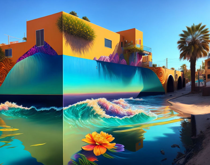Colorful street art mural of ocean wave with water reflections and flower.
