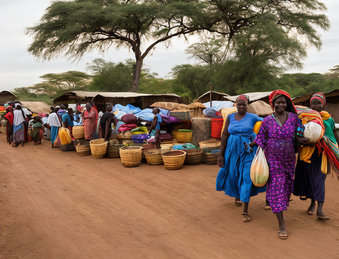 Women carrying baskets and goods in African village scene