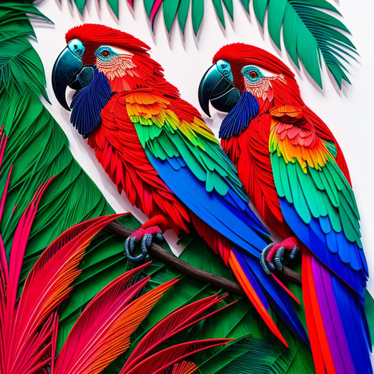 Colorful Parrots Among Lush Foliage