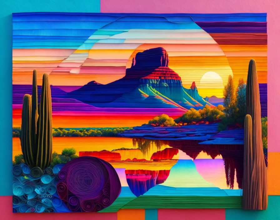 Vibrant paper art of desert sunset with mesas, cacti & water