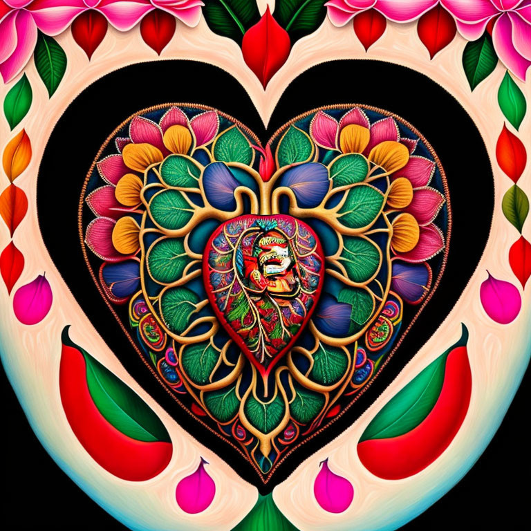 Multicolored digital artwork: intricate floral heart design on black background