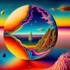 Surreal landscape with circular portal, vibrant colors, floating orbs, abstract elements, gradient sky