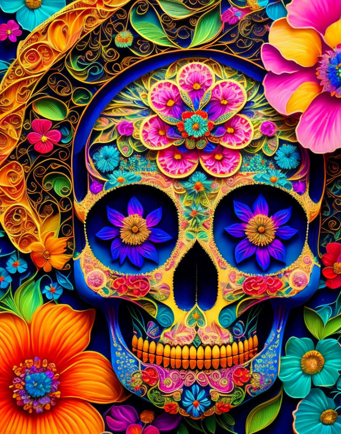 Colorful Dia de los Muertos skull with floral patterns