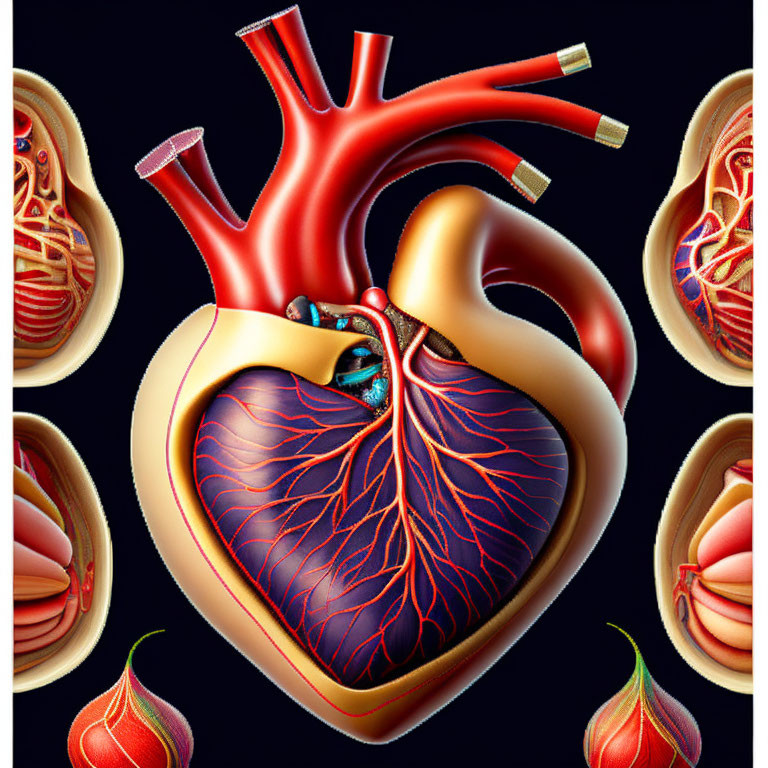 Detailed Anatomical Human Hearts Illustration on Dark Background