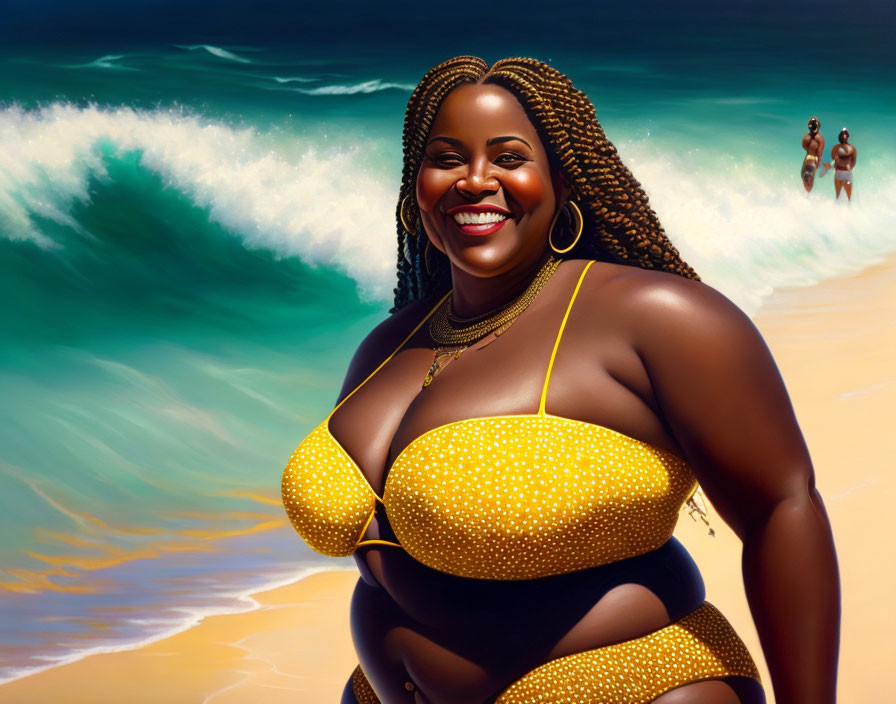 Smiling woman in yellow bikini on beach with waves and people