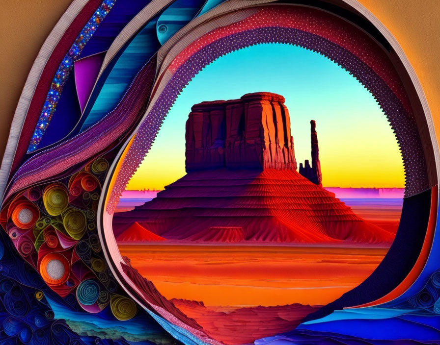 Colorful surreal desert landscape with swirling patterns and central mesa under twilight sky