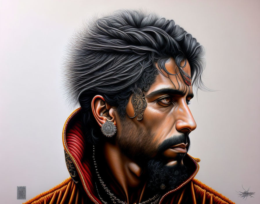 Detailed portrait of a man with styled hair, beard, jewelry, and face markings