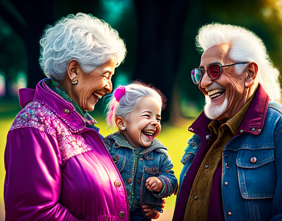 Elderly couple and young girl laughing outdoors in lush green setting