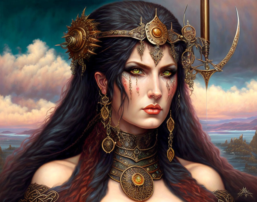 Fantasy warrior woman with dark hair and golden armor in mystical setting
