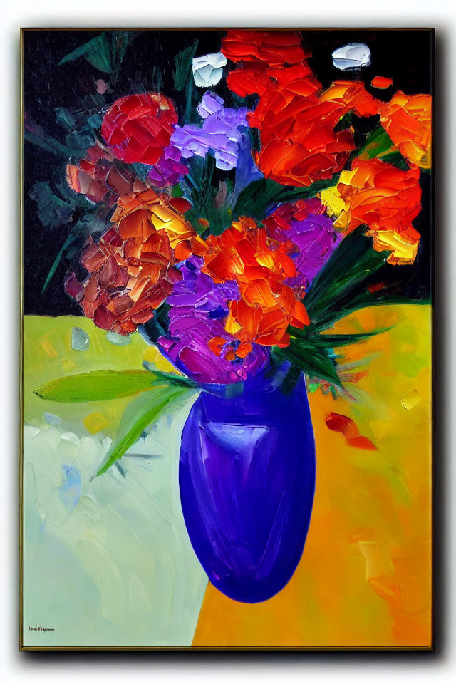 Colorful bouquet oil painting with cobalt blue vase on yellow and black background