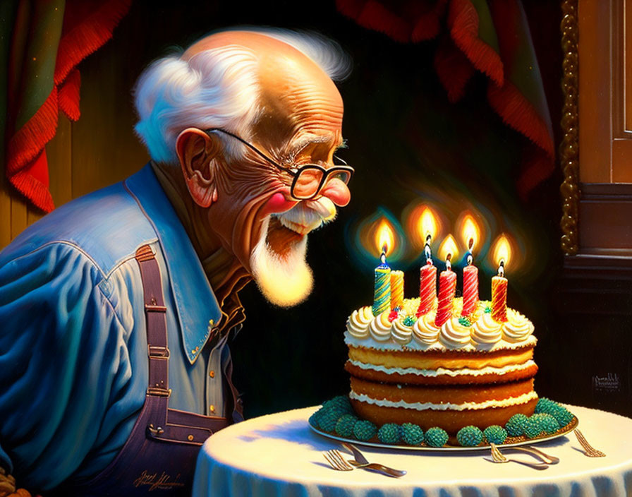 Elderly Man Smiling at Birthday Cake with Lit Candles