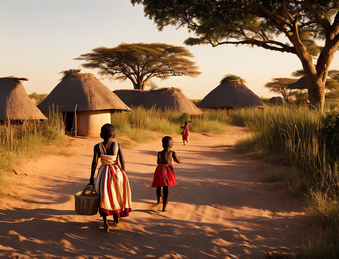 Children walking towards traditional thatched huts in tranquil African village.