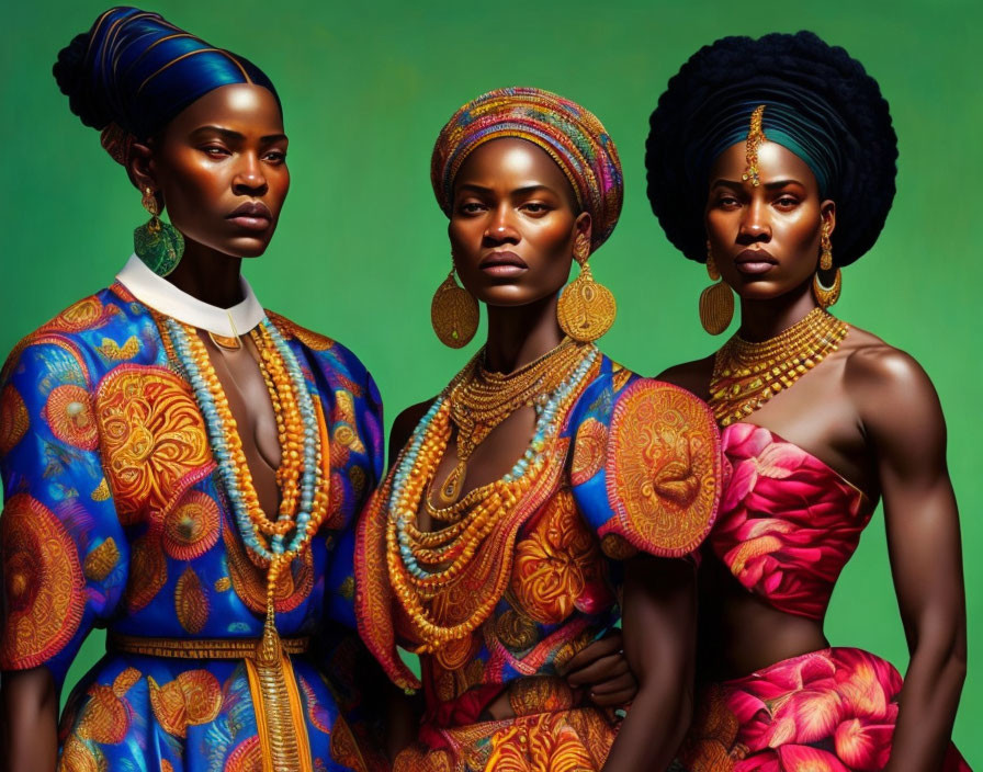 Three Women in Vibrant African Attire and Headwraps with Statement Jewelry Pose Against Green Backdrop