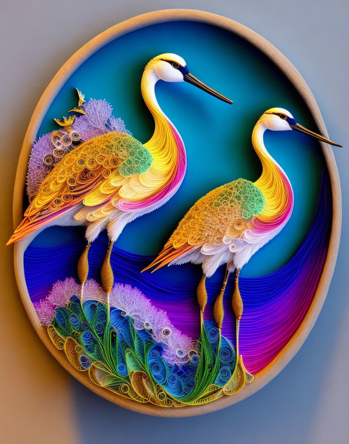 Intricate Quilled Paper Art of Two Cranes on Blue Background