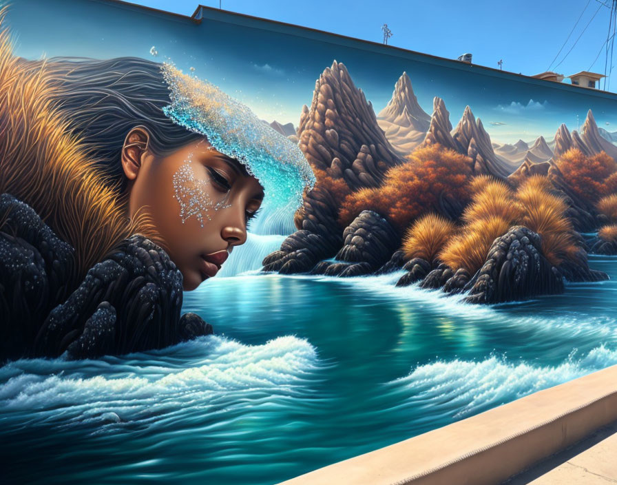 Mural featuring woman's face merging with landscape