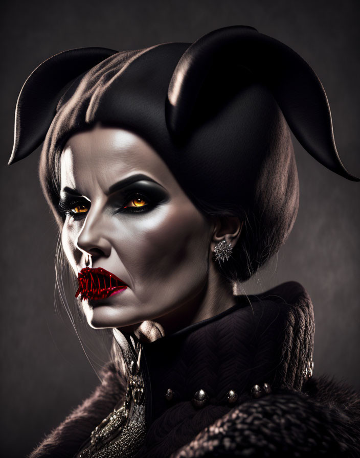 Portrait of a person with dark makeup, bat-like ears, high collar, and intense glare