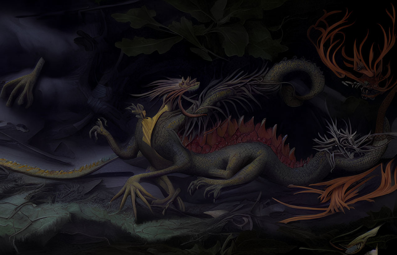 Illustration of mythical dragon in dark, atmospheric setting