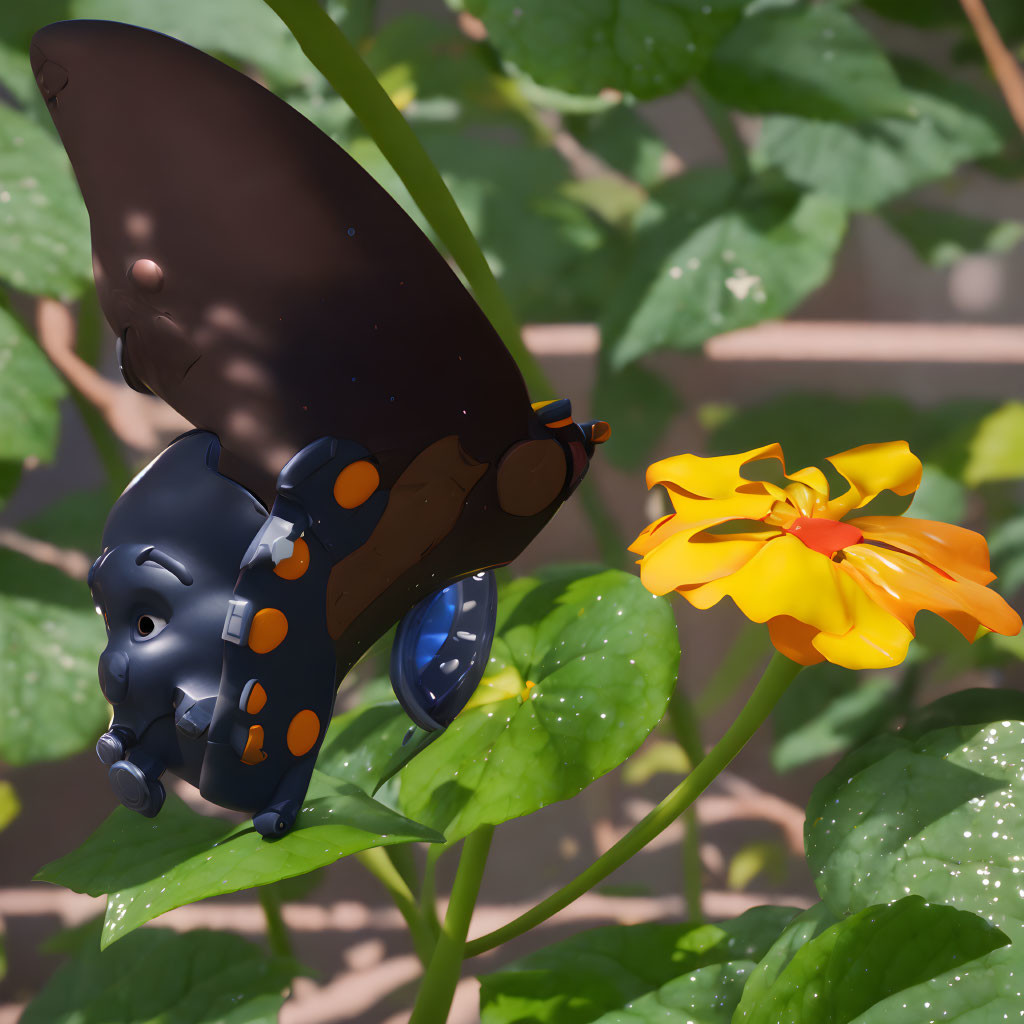 3D-animated elephant with butterfly wings near vibrant yellow flower