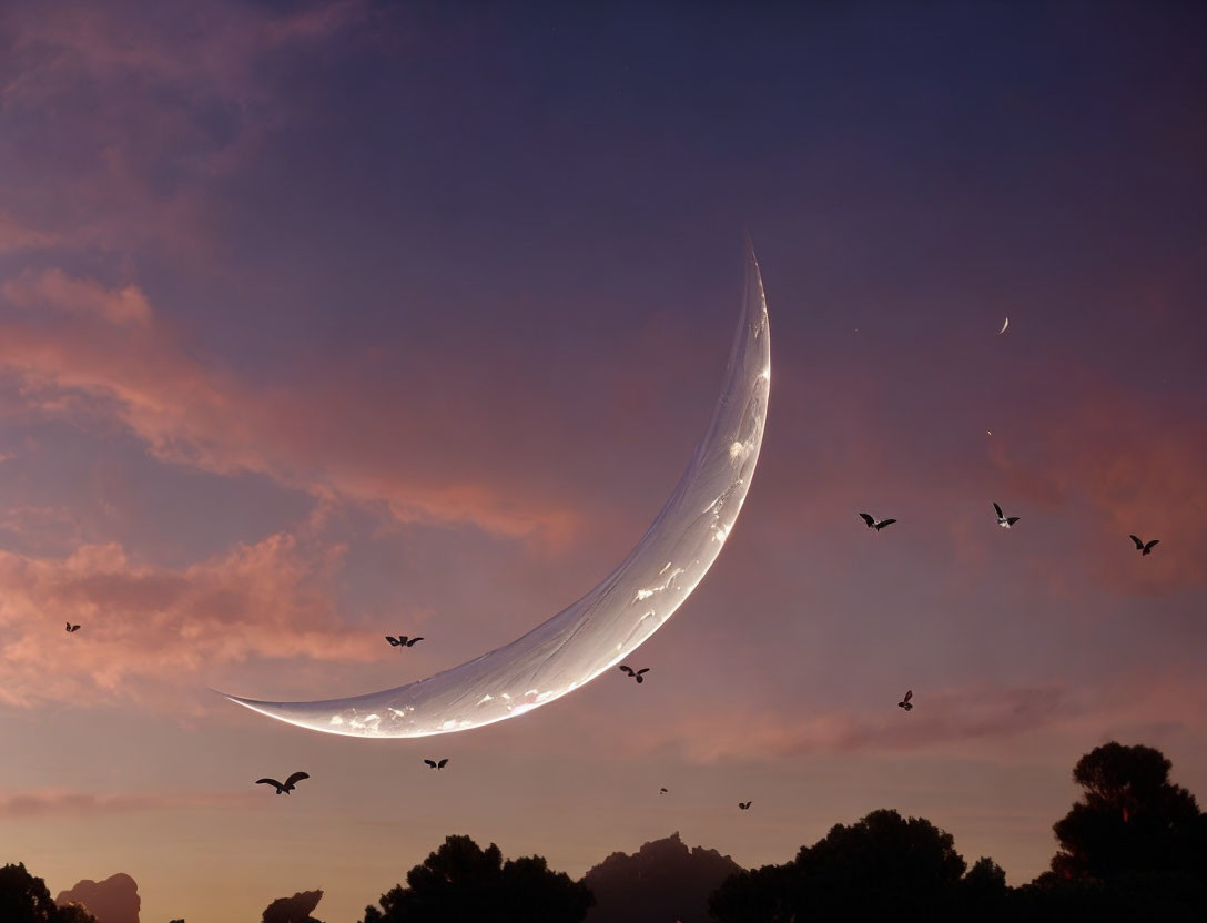 Twilight sky with large crescent moon, birds, and tree silhouettes