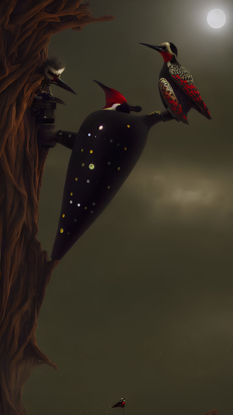 Giant woodpecker drilling into missile in tree trunk under moonlit sky