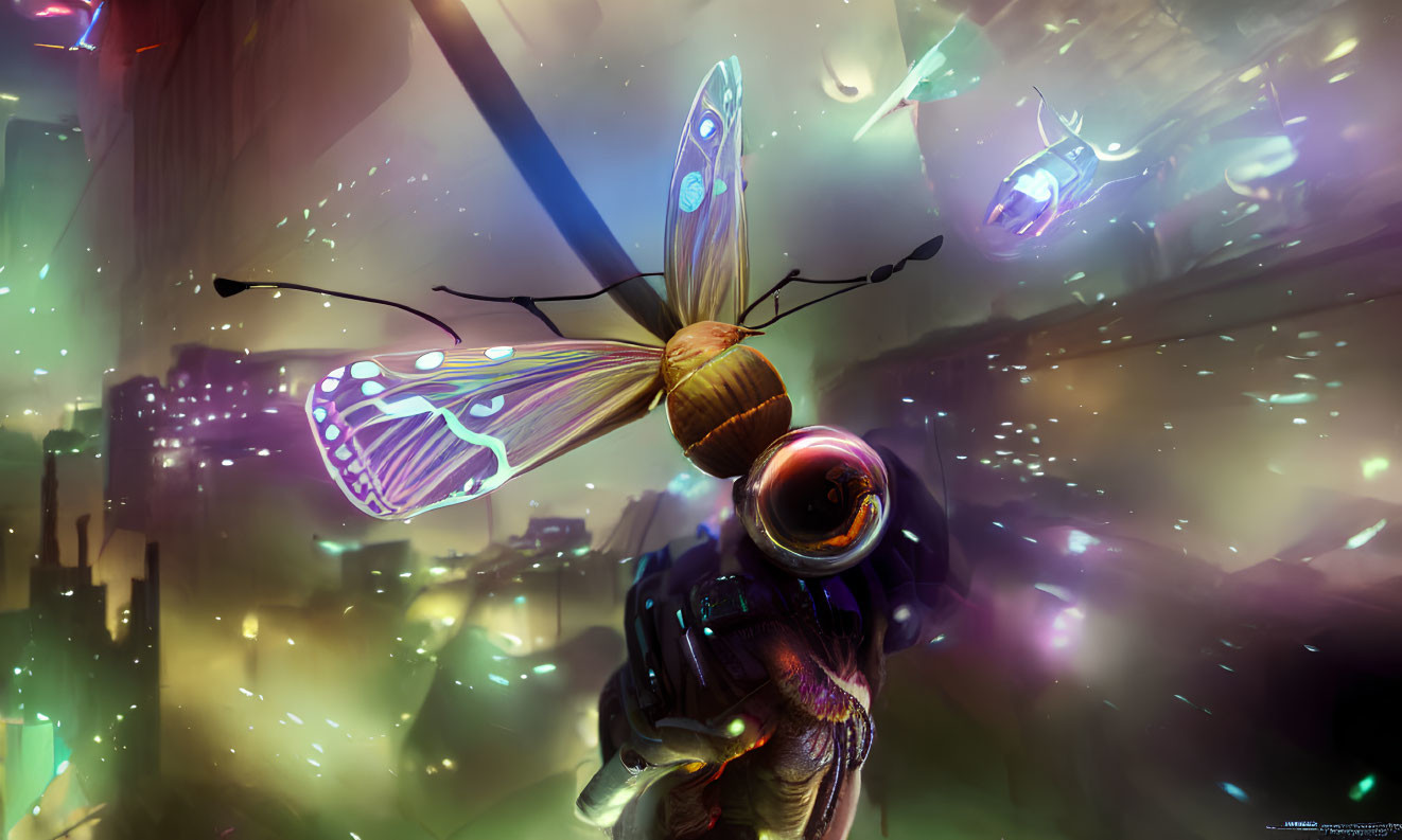 Person in futuristic gear gazes at giant butterfly in surreal setting