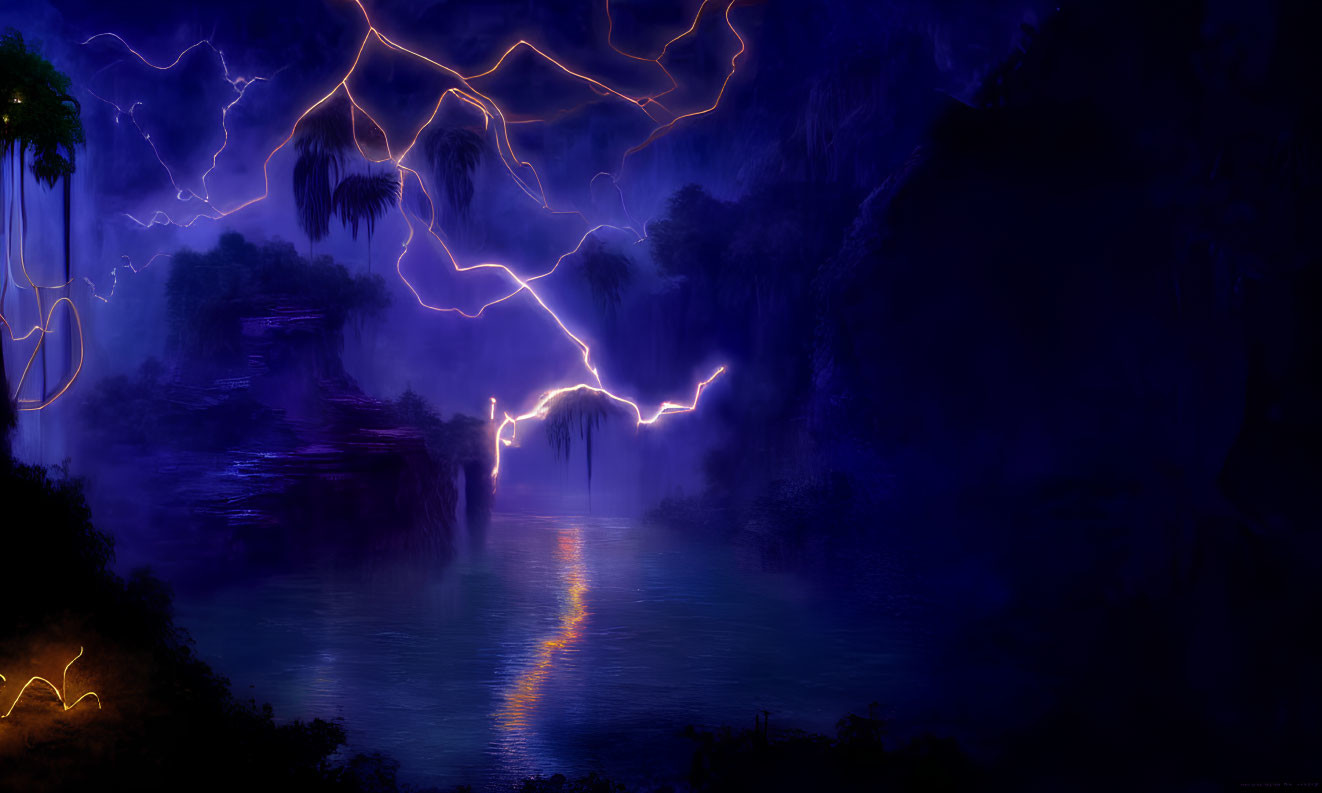 Digital Artwork: Nocturnal Scene with Lightning, Mystical Waterfall, and Trees