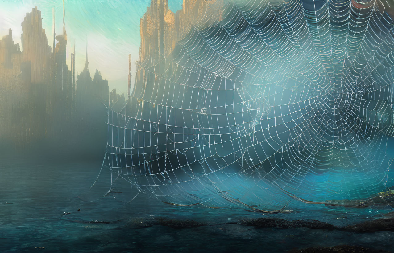 Spiderweb with dewdrops and misty city spires under golden sky