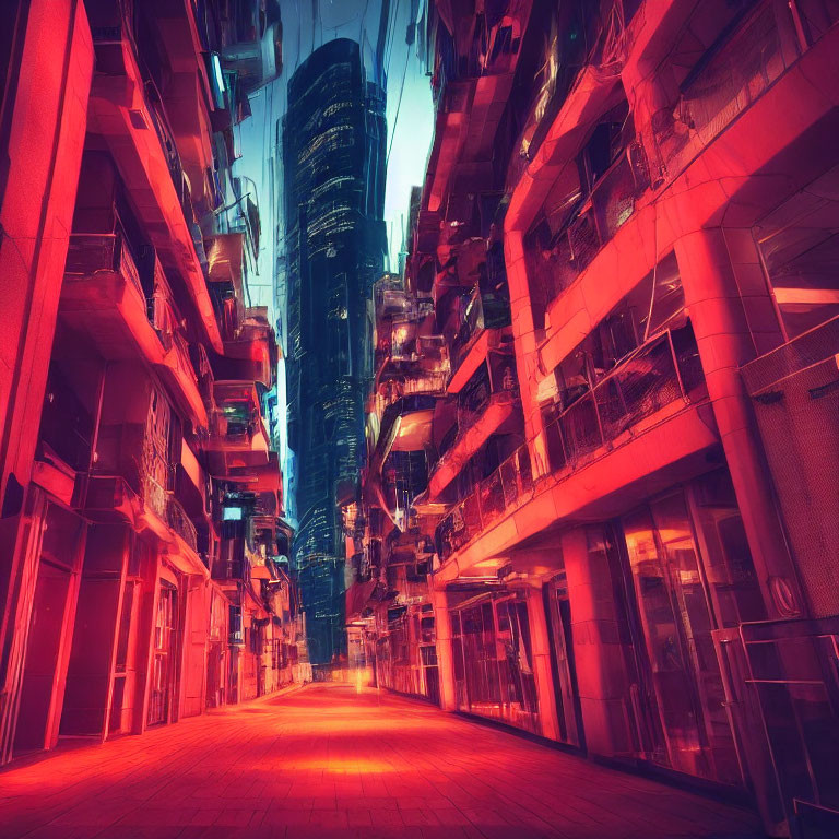 Urban alley illuminated by neon lights between high-rise buildings at dusk