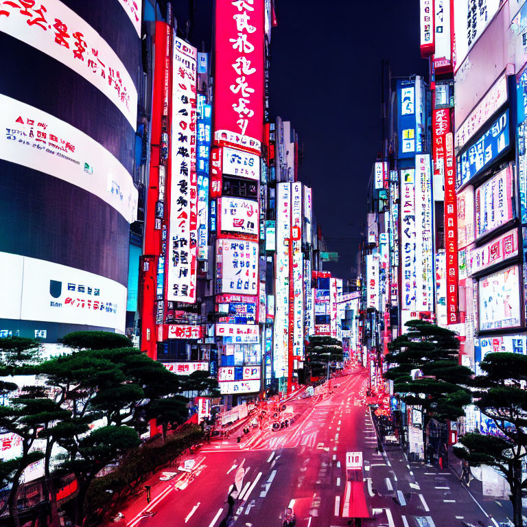 Neon-lit Japanese cityscape at dusk with empty streets and lined trees