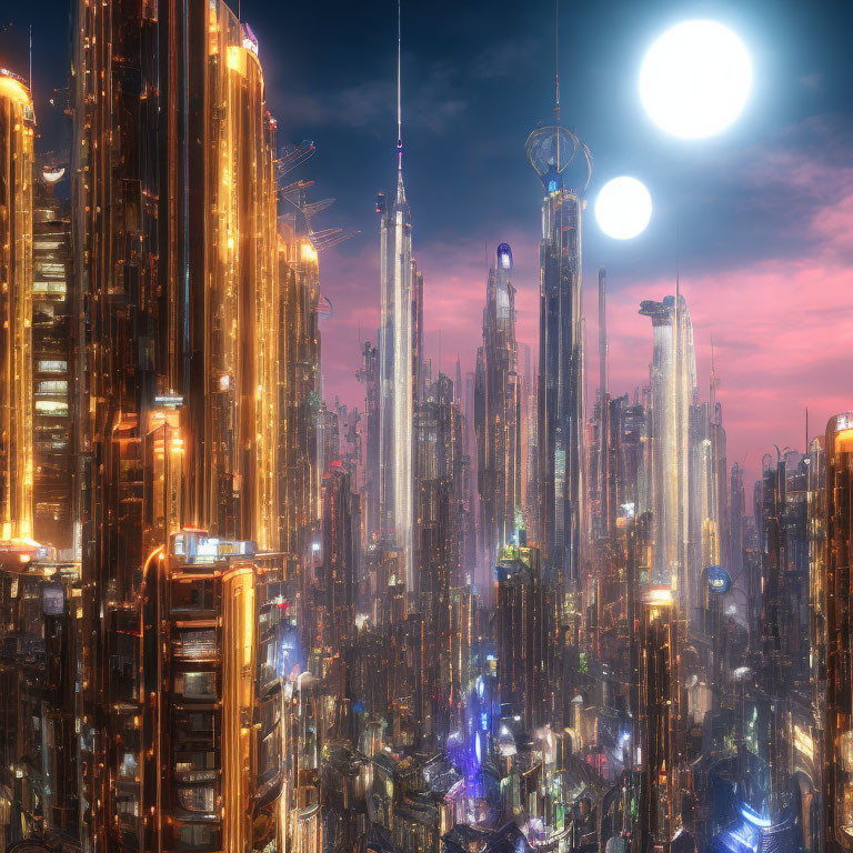 Luminous futuristic cityscape with glowing skyscrapers at dusk