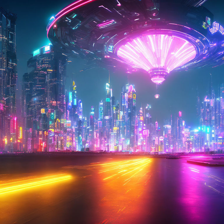 Futuristic night cityscape with neon lights, skyscrapers, and hovering saucer emitting pink