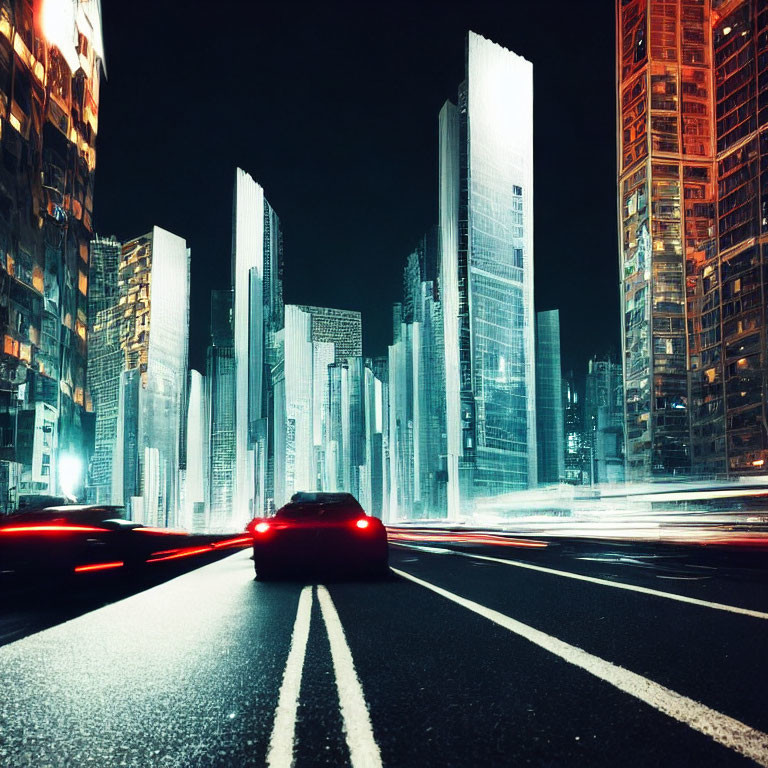 Red Car on City Street at Night with Blurred Traffic Lights and High-rise Buildings