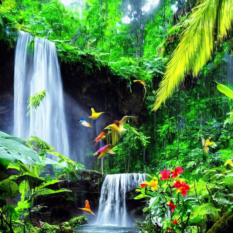 Tropical forest scene with colorful birds, lush cascade, and vibrant flowers