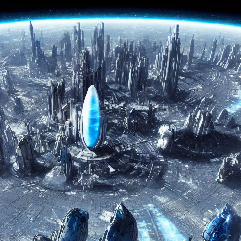 Futuristic cityscape with skyscrapers, oval structure, and blue-toned atmosphere