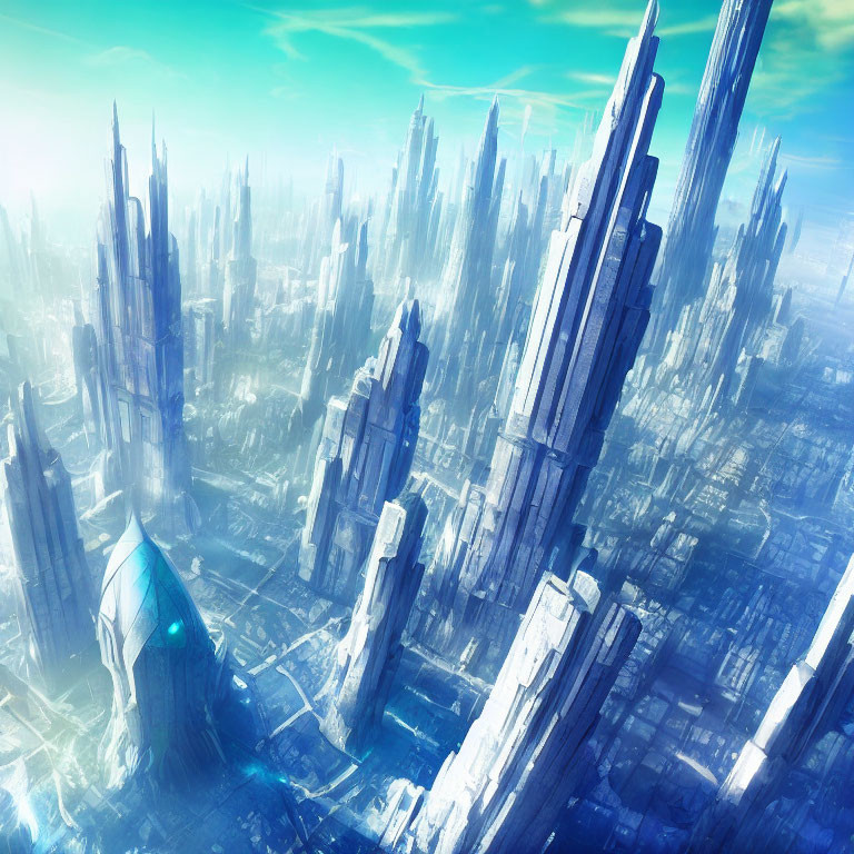 Futuristic cityscape with crystal skyscrapers under hazy blue sky