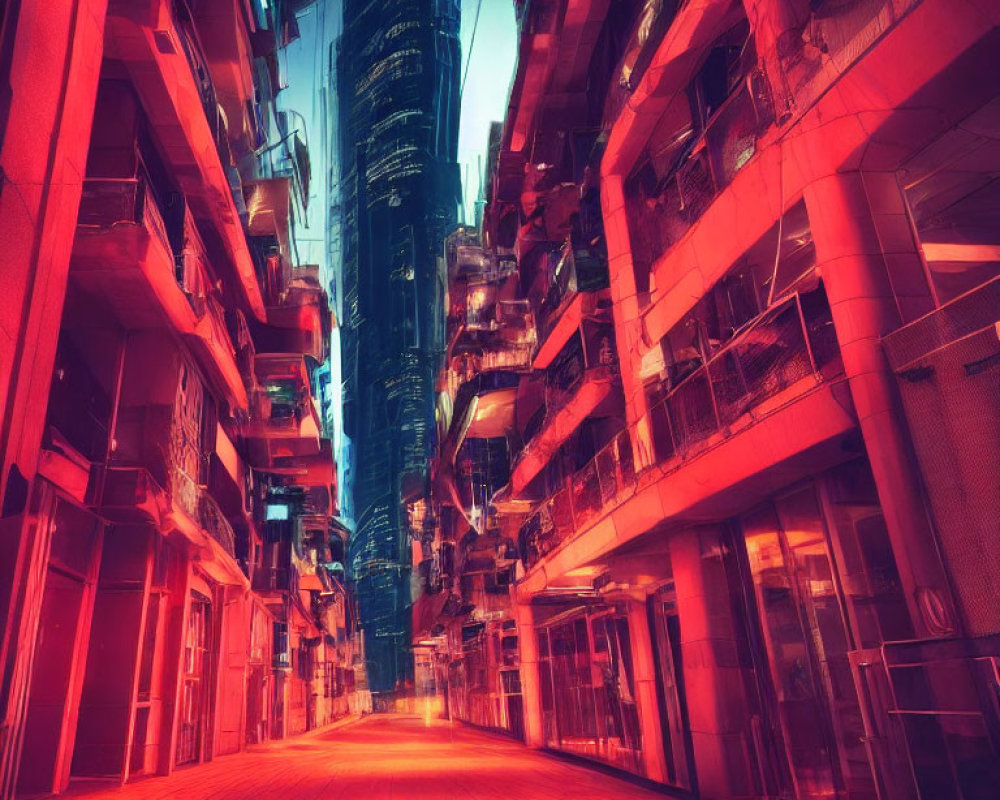 Urban alley illuminated by neon lights between high-rise buildings at dusk